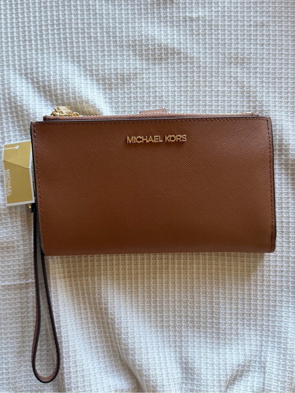 Michael Kors Jet Set Brown Leather Wristlet with Gold Hardware